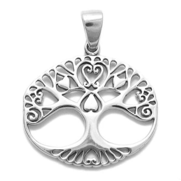 CHARMING STERLING SILVER HEARTS INFUSED TREE OF LIFE IN CIRCLE PENDANT. - Picture 2 of 3